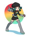  1girl belt black_headwear black_shirt black_skirt boots full_body gloves great_ball green_hair grey_footwear grey_gloves hat highres holding holding_poke_ball looking_at_viewer medium_hair miniskirt open_mouth pointing poke_ball poke_ball_(basic) pokemon pokemon_usum print_shirt shirt simple_background skirt solo team_rainbow_rocket_grunt teeth thigh_boots upper_teeth_only vinny_(dingitydingus) white_background 