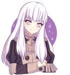  1girl buttons closed_mouth commentary_request eyelashes fire_emblem fire_emblem:_three_houses garreg_mach_monastery_uniform highres long_hair lysithea_von_ordelia n_54 pink_eyes puffy_sleeves purple_background sidelocks smile solo two-tone_background upper_body white_background white_hair 