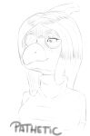 anthro badfidhell bone_frill clothing dinosaur english_text eyelashes eyewear facial_markings female frill_(anatomy) glasses gloom_lines hadrosaurid hair head_crest head_frill head_markings long_hair markings meme monochrome muzzle_(marking) narrowed_eyes one_eye_obstructed ornithischian parasaurolophus pathetic_(meme) reptile scalie shirt simple_background smile snoot_game snout snout_markings solo text theresa_(snoot_game) topwear white_background