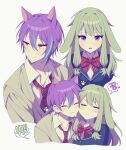  1boy 1girl :3 absurdres animal_ears blue_hair cat_ears commentary_request ears_down face-to-face green_hair highres kamishiro_rui korean_commentary kusanagi_nene long_hair loose_necktie multicolored_hair necktie project_sekai purple_eyes purple_hair rabbit_ears school_uniform short_hair smile upper_body yellow_eyes ys888 