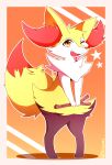 2021 anthro braixen digital_media_(artwork) front_view fur generation_6_pokemon hi_res holding_object holding_stick kinozel looking_at_viewer nintendo one_eye_closed open_mouth open_smile pokemon pokemon_(species) red_body red_fur signature simple_background smile solo standing stick white_body white_fur wink yellow_body yellow_eyes yellow_fur