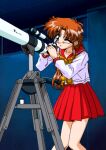  1990s_(style) 1girl amatsuka_seina brown_hair gals_panic_s2 green_eyes kaneko_seisakusho komirin long_hair lowres night non-web_source official_art red_sailor_collar red_skirt retro_artstyle sailor sailor_collar scarf school skirt telescope vs_mahjong_otome_ryouran yellow_scarf 