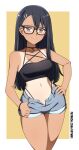  1girl asymmetrical_bangs bespectacled black-framed_eyewear black_hair blue_shorts breasts brown_eyes casual commentary crescent_choker crop_top dark-skinned_female dark_skin denim denim_shorts earclip english_commentary glasses highres ijiranaide_nagatoro-san kdtwifi long_hair looking_at_viewer nagatoro_hayase one-piece_tan open_fly paid_reward_available short_shorts shorts sleeveless small_breasts solo tan tanlines thumb_in_beltline 