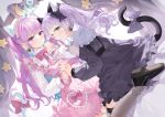  2girls absurdres ahoge animal_ear_fluff animal_ears aqua_hair black_dress black_footwear blush bow bowtie cat_ears cat_tail colored_inner_hair commentary crescent_moon curtains dress feet_out_of_frame full_body grey_thighhighs hand_up highres holding_hands hololive light_frown long_hair long_sleeves looking_at_viewer looking_back maid_headdress minato_aqua moon multicolored_hair multiple_girls murasaki_shion murasaki_shion_(gothic_lolita) pink_bow pink_bowtie pink_dress pink_eyes pink_hair sitting star_(symbol) streaked_hair tail tail_bow tail_ornament thighhighs twintails very_long_hair virtual_youtuber wariza yana_mori yellow_eyes 