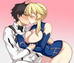  1boy 1girl a_raku absurdres ahoge artoria_pendragon_(fate) artoria_pendragon_(lancer)_(fate) black_hair blonde_hair blush breast_press breasts cape fate/grand_order fate_(series) fujimaru_ritsuka_(male) highres kiss large_breasts leotard 