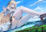  1girl absurdres aircraft airplane aurora_(azur_lane) azur_lane black_panties blonde_hair blue_sky breasts city closed_mouth cloud commission giant giantess green_eyes high_heels highres large_breasts long_hair looking_at_viewer mountain panties rudder_footwear sigure-zzzz sitting skeb_commission sky smile solo thighhighs underwear very_long_hair white_thighhighs 