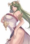  1girl absurdres armlet bare_legs bare_shoulders breasts calmgreentori chain chiton circlet dress forehead_jewel gold_chain green_eyes green_hair highres jewelry kid_icarus kid_icarus_uprising large_breasts long_hair neck_ring palutena parted_bangs pendant side_slit solo strapless strapless_dress very_long_hair white_background white_dress 