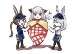  3girls :d amiya_(arknights) animal_ear_fluff animal_ears apron arknights black_footwear black_thighhighs blue_apron blue_eyes blue_headwear blue_shirt brown_hair closed_mouth colored_shadow e-bushi food frostleaf_(arknights) frostnova_(arknights) grey_eyes grey_hair hair_between_eyes hair_over_one_eye highres in_food light_frown long_hair multiple_girls plaid plaid_skirt ponytail rabbit_ears red_eyes shadow shirt shoes short_sleeves skirt smile standing thighhighs very_long_hair visor_cap waist_apron white_background white_shirt 