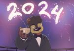 anthro bear biped bow_tie claws clothing container cup drinking_glass fireworks glass glass_container glass_cup hair hi_res looking_at_viewer male mammal new_year_2024 night outside p.bear peculiart short_hair solo suit sun_bear toasting ursine