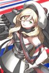  1girl anti-aircraft anti-aircraft_gun beret blonde_hair breasts cannon character_name commentary_request dress gloves green_eyes hair_between_eyes hat highres kantai_collection lips long_hair looking_at_viewer mast medium_breasts mole mole_under_eye mole_under_mouth multicolored_clothes multicolored_gloves multicolored_scarf oso_(toolate) revision richelieu_(kancolle) rigging scarf smile solo strapless strapless_dress turret 