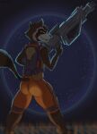 anthro butt clothed clothing fully_clothed guardians_of_the_galaxy gun hi_res male mammal marvel mazilion procyonid raccoon ranged_weapon rocket_raccoon science_fiction solo space spacecraft spacesuit star vehicle weapon