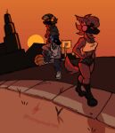 anthro ball bandanna basketball_(ball) boots bottomwear breasts city city_background cleavage clothed clothing female footwear group hat headgear headwear hoodie hotpants kerchief machine male orange_sky pants protogen shoes shorts sr_empanada sunset topwear trio walking