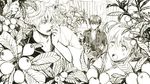  2boys bad_id bad_pixiv_id blush bun_cover double_bun drooling food fruit gintama hijikata_toushirou japanese_clothes kagura_(gintama) monochrome multiple_boys open_mouth plant sakata_gintoki short_hair tkr_(lovedelic99) 