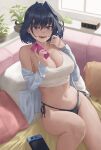  1girl absurdres black_panties blush breasts cleavage couch crop_top hair_between_eyes highres hololive hololive_english large_breasts looking_at_viewer navel nintendo_switch on_couch open_mouth ouro_kronii panties phone short_hair smile solo sunai underwear virtual_youtuber window 
