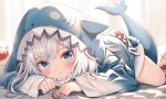  1girl :q animal_hood bed_sheet blue_eyes blue_hair blue_hoodie blurry blurry_background blush closed_mouth commentary_request curtains depth_of_field fins fish_tail gawr_gura gawr_gura_(1st_costume) grey_hair hololive hololive_english hood hood_up hoodie indoors lokyin_house long_sleeves looking_at_viewer multicolored_hair shark_hood shark_tail sleeves_past_wrists smile solo streaked_hair tail tongue tongue_out virtual_youtuber wide_sleeves 