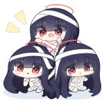  3girls bandages barefoot black_hair blue_archive blunt_bangs blush_stickers chibi commentary eyes_visible_through_hair halo hands_up justice_task_force_member_(blue_archive) long_hair looking_at_viewer multiple_girls mummy_costume no_nose open_mouth parted_lips red_eyes red_halo red_pupils sitting umihio very_long_hair 