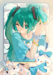  1girl absurdres aqua_eyes aqua_hair blue_bow blue_scrunchie blue_shirt bow bracelet chaji_xiao_bai chromatic_aberration cinnamiku cinnamoroll closed_mouth folded_twintails hair_between_eyes hair_ornament hatsune_miku highres holding holding_bow_(ornament) jewelry long_hair mouth_hold one_eye_closed polka_dot polka_dot_scrunchie print_shirt reflection reflection_focus scrunchie shirt short_sleeves solo twintails tying_hair upper_body very_long_hair vocaloid wrist_scrunchie 