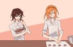  2others alternate_eye_color alternate_hair_color androgynous apron baking brown_hair brown_hairband closed_mouth collared_shirt cookie_cutter fuluola_xiaoyao hairband heart highres holding holding_whisk len&#039;en multiple_others orange_hair other_focus senri_tsurubami shirt short_hair sketch sleeves_rolled_up tongue tongue_out whisk white_apron white_shirt zuifeng_tenkai 