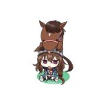  1girl animal_ears beanie black_pants blue_jacket bridle brown_hair candy commentary_request creature_and_personification denim expressive_hair food grey_headwear hair_between_eyes hat holding holding_clothes holding_hat horse horse_ears horse_girl horse_tail jacket jeans lollipop long_hair long_sleeves nakayama_festa_(racehorse) nakayama_festa_(umamusume) on_grass on_ground open_clothes open_jacket pants purple_eyes reins shirt simple_background sitting tail tongue tongue_out torn_clothes torn_shirt umamusume white_background wiyaki17 