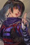  1girl bandai_namco black_hair bodysuit earrings facial_mark floral_print hungry_clicker japanese_clothes jewelry kuji-in kunai kunimitsu_ii long_hair mole mole_under_mouth ninja ponytail purple_eyes purple_hair purple_scarf red_hair red_lips scarf simple_background solo tekken tekken_7 weapon whisker_markings 