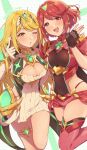 2girls blonde_hair blush breasts chagi_chage cleavage commentary_request earrings fingerless_gloves gloves highres jewelry large_breasts long_hair multiple_girls mythra_(xenoblade) one_eye_closed pyra_(xenoblade) red_eyes red_hair revealing_clothes short_hair xenoblade_chronicles_(series) xenoblade_chronicles_2 yellow_eyes 