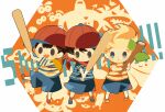  3girls backpack bag bandana bandana_around_neck black_eyes black_hair blonde_hair blue_shorts blush_stickers brown_bag clayman_(mother_3) closed_mouth expressionless frown full_body happy hitofutarai holding holding_stick lucas_(mother_3) male_focus mother_(game) mother_1 mother_2 mother_3 multiple_girls ness_(mother_2) ninten pac-man_eyes red_bandana shirt shorts solid_oval_eyes sound_effects spiteful_crow standing starman_(mother) stick striped_clothes striped_shirt ultimate_chimera 