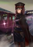  brown_hair cowboy_shot curry_(dbt) formal green_eyes ground_vehicle hat jacket original pantyhose pencil_skirt short_hair side_slit skirt skirt_suit solo suit train uniform 