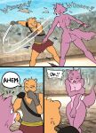 absurd_res anthro artemis_(bluebirdoasis) audience bear bluebirdoasis canid canine canis clothing comic covering covering_self duel duo embarrassed female fur group hi_res humiliation male male/female mammal nude pink_body pink_fur torn_clothing wolf