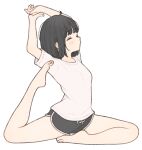  1girl 1ssakawaguchi absurdres arms_up barefoot black_hair black_shorts bob_cut closed_eyes closed_mouth commentary feet highres ichika_(1ssakawaguchi) leg_up original pigeon_pose shirt short_hair short_shorts short_sleeves shorts simple_background solo symbol-only_commentary toes white_background white_shirt yoga 