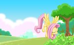  clouds cutie_mark equine eyes_closed female feral flower fluttershy_(mlp) flying friendship_is_magic fur hair horse mammal my_little_pony mysticalpha pegasus pink_hair pony sky solo tree wings wood yellow_fur 