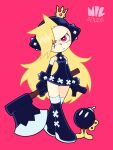  1girl artist_name axe black_footwear blonde_hair bob-omb boots crown dress frown full_body highres holding holding_axe looking_at_viewer mario_(series) mario_power_tennis mario_tennis nildenada red_background red_eyes sleeveless sleeveless_dress solid_oval_eyes standing warupeach winding_key 