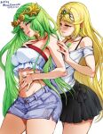  2girls bare_shoulders black_skirt blonde_hair breasts collarbone cowboy_shot crop_top green_eyes green_hair green_nails kid_icarus long_hair looking_at_another looking_at_viewer midriff mina_cream multiple_girls mythra_(xenoblade) palutena shirt short_shorts shorts simple_background skirt smile tiara white_background white_shirt xenoblade_chronicles_(series) xenoblade_chronicles_2 yellow_eyes yuri 