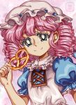  1990s_(style) 1girl absurdres apron blue_dress blue_eyes blue_ribbon curly_hair dress drill_hair facing_viewer food freckles frills highres holding holding_food light_smile little_goody_two_shoes muffy_(little_goody_two_shoes) pastel_colors pink_background pink_hair portrait pretzel puffy_short_sleeves puffy_sleeves remyfive retro_artstyle ribbon short_sleeves smug solo thick_eyebrows watercolor_background watermark white_apron white_headwear 