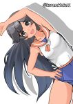  1girl black_hair blue_one-piece_swimsuit blush breasts exercise headgear highres i-400_(kancolle) kantai_collection kurano_kisuke long_hair looking_at_viewer neckerchief one-piece_swimsuit one-piece_tan open_mouth orange_sailor_collar pleated_skirt sailor_collar sailor_shirt school_swimsuit school_uniform serafuku shadow shirt side-tie_shirt skirt sleeveless sleeveless_shirt small_breasts smile solo swimsuit swimsuit_under_clothes tan tanlines twitter_username white_background 