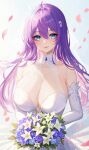  1girl absurdres bare_shoulders blue_background blue_eyes blue_flower bouquet breasts bridal_veil bride cleavage closed_mouth commentary_request crown dated dress elbow_gloves eoe falling_petals floralmi flower gloves happy_birthday highres holding holding_bouquet large_breasts long_hair looking_at_viewer mini_crown mole mole_under_eye petals pink_lips purple_hair see-through see-through_cleavage skindentation sleeveless sleeveless_dress smile solo tilted_headwear upper_body veil virtual_youtuber wedding_dress white_dress white_flower white_gloves white_headwear white_veil yumo_(eoe) 