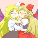  2girls ;d ^_^ bat_wings black_skirt blonde_hair bow closed_eyes closed_mouth elis_(touhou) facial_mark facing_another flower hair_bow hair_flower hair_ornament hair_ribbon hug kurumi_(touhou) long_hair long_pointy_ears multiple_girls nonamejd official_style one_eye_closed pointy_ears puffy_short_sleeves puffy_sleeves purple_wings red_bow red_flower red_skirt ribbon shirt short_sleeves skirt smile star_(symbol) star_facial_mark suspender_skirt suspenders touhou touhou_(pc-98) very_long_hair white_ribbon white_shirt wings yellow_eyes zun_(style) 