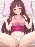  1boy 1girl absurdres alternate_costume bare_shoulders black_hair blush breasts collarbone commission cum cum_in_pussy ejaculation highres houraisan_kaguya koumei_(twinameless) long_hair lying missionary on_bed pink_eyes pixiv_commission sex touhou touhou_tag_dream wrestling_outfit 