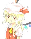  1girl ascot blonde_hair bright_pupils fang flandre_scarlet grin hat hat_ribbon long_hair low_side_ponytail mob_cap nonamejd official_style puffy_short_sleeves puffy_sleeves red_eyes red_ribbon red_vest ribbon shirt short_sleeves side_ponytail simple_background smile solo touhou vest white_background white_headwear white_pupils white_shirt wings yellow_ascot zun_(style) 