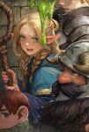  1girl 3boys armor beard black_hair blonde_hair blue_capelet braid brick_wall capelet chilchuck_tims dungeon_meshi dwarf elf facial_hair fake_horns french_braid from_side gorget green_eyes green_scarf hair_over_one_eye halfling hands_up helmet highres holding holding_staff hood hood_down hooded_capelet horned_helmet horns laios_thorden long_beard long_hair long_sleeves looking_ahead looking_at_viewer looking_to_the_side marcille_donato miche multiple_boys multiple_braids mustache open_mouth out_of_frame parted_bangs pauldrons plate_armor pointy_ears profile red_hair scarf senshi_(dungeon_meshi) short_hair shoulder_armor side_braid slime_(substance) solo_focus staff 
