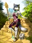  backpack bag bodysuit boots furry gloves highres julius_cowan krystal signature solo staff star_fox tail thigh_strap 