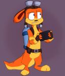 backpack blue_eyes clothing daxter digital_media_(artwork) eyewear eyewear_on_head feral fingerless_gloves fur gloves goggles goggles_on_head handwear hi_res jak_and_daxter male mammal multicolored_body multicolored_fur mustelid najalatte naughty_dog orange_body orange_fur ottsel paws semi-anthro simple_background solo sony_corporation sony_interactive_entertainment two_tone_body two_tone_fur worried_look