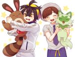  2boys :d ahoge black_hair blue_necktie blue_shorts blush brown_hair closed_eyes collared_shirt colored_inner_hair commentary_request crossed_bangs facing_viewer florian_(pokemon) gloves hair_between_eyes hairband hat headband highres holding holding_pokemon jacket kieran_(pokemon) long_sleeves male_focus mochi_(mocchi_p_2m) multicolored_hair multiple_boys necktie open_mouth pokemon pokemon_(creature) pokemon_sv purple_necktie purple_shorts red_gloves sentret shirt short_hair short_sleeves shorts single_glove smile sprigatito star_(symbol) sweatdrop teeth upper_teeth_only white_background white_headwear white_jacket white_shirt white_shorts yellow_hairband yellow_headband 
