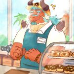 another_eidos_of_dragon_vein_r anthro apron atmos_(anothereidos_r) barboros_(anothereidos_r) brown_body brown_scales clothing coffee_shop counter dessert donut_shop doughnut dragon duo food hair hi_res horn horned_beard male palm_tree plant red_body red_scales riotaro376333 scales smile teal_hair tree volcano