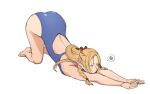  1girl ass blonde_hair braid dungeon_meshi highres long_hair marcille_donato one-piece_swimsuit pointy_ears ribbon solo stretching swimsuit y_frt 