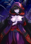  1girl absurdres bare_shoulders black_hair breasts cleavage colored_skin crossed_arms duel_monster gloves grin haireirei highres hood hood_up large_breasts long_sleeves orange_eyes purple_skin raika_no_kusarigami short_hair smile solo wide_sleeves yu-gi-oh! 