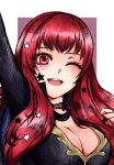  1girl arm_up blush breasts choker cleavage facial_mark fire_emblem fire_emblem_engage hair_ornament long_hair looking_at_viewer moyashi2656 one_eye_closed open_mouth pink_choker red_eyes red_hair simple_background smile solo star_(symbol) star_hair_ornament yunaka_(fire_emblem) 