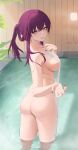  1girl absurdres ass bathing beckoning breasts completely_nude hair_between_eyes highres honkai:_star_rail honkai_(series) ilmm kafka_(honkai:_star_rail) long_hair looking_at_viewer looking_back medium_breasts nude onsen open_hand open_mouth outstretched_hand partially_submerged purple_hair reaching reaching_towards_viewer seductive_smile smile solo towel water wet 