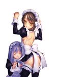  apron ass back backless_dress backless_outfit black_legwear blush brown_hair dress dressing_another ecell flat_ass garter_belt garters long_hair looking_back maid maid_headdress mole multiple_girls purple_hair ribbon seron short_hair sita_vilosa skirt smile sword_girls thighhighs yellow_eyes 