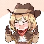  1girl adapted_costume black_gloves blonde_hair breasts brown_coat brown_headwear closed_eyes closed_mouth coat cowboy_hat cowgirl_(western) gloves hat highres hololive hololive_english kukie-nyan medium_hair mole mole_on_breast open_mouth partially_fingerless_gloves virtual_youtuber watson_amelia watson_amelia_(1st_costume) 