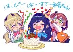  3girls :d ^_^ arms_up birthday birthday_cake blonde_hair blue_hair brown_hair cake candle character_name chibi closed_eyes denonbu facing_viewer food green_eyes hair_between_eyes happy happy_birthday hashtag_only_commentary hat hidaka_reina_(denonbu) highres jacket kayano_futaba long_hair long_sleeves looking_at_another multiple_girls open_clothes open_jacket open_mouth party_hat party_popper school_uniform shinonome_kazune shirt smile translation_request twintails wanowanoji67 white_background white_shirt 